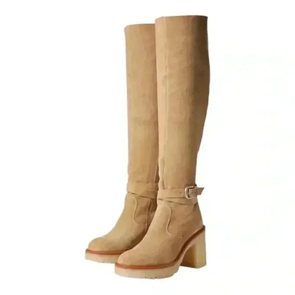 FREE PEOPLE Jasper Platform Over The Knee Boots Suede Tan Gum Sole OTK - Picture 2 of 8